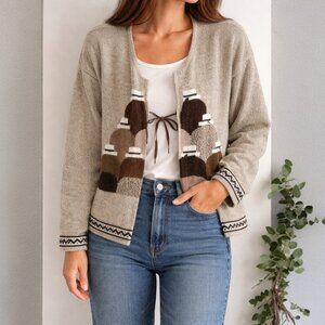 Vintage Alpaca Blend Cardigan Peru Southwestern Andean Pattern Tie Front L Tan